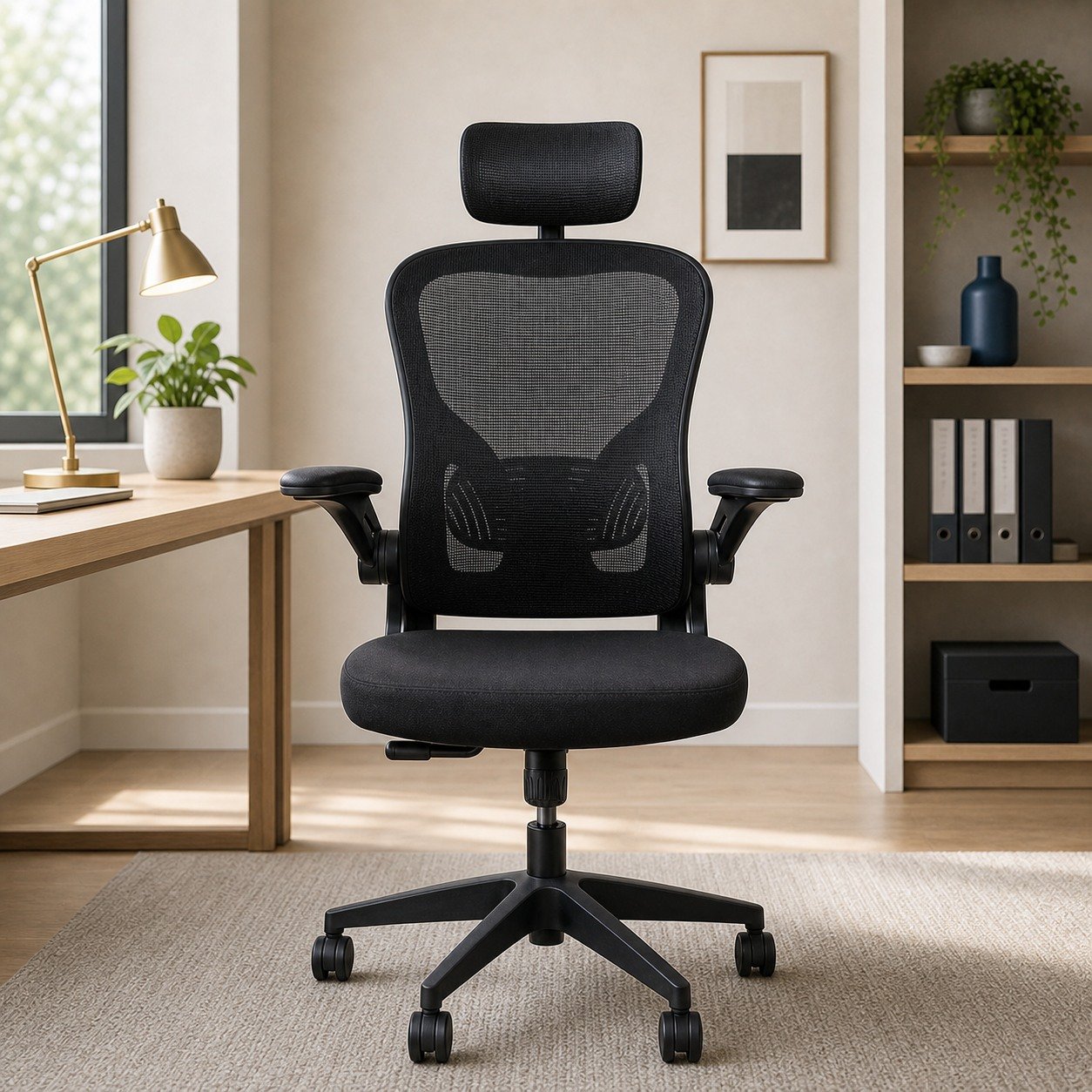 Black Ergonomic Office Chair ~ Flip Up Arms, Adjustable Headrest
