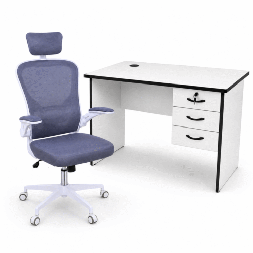 1M Desk & White Flip-Up Arms Ergonomic Chair Combo