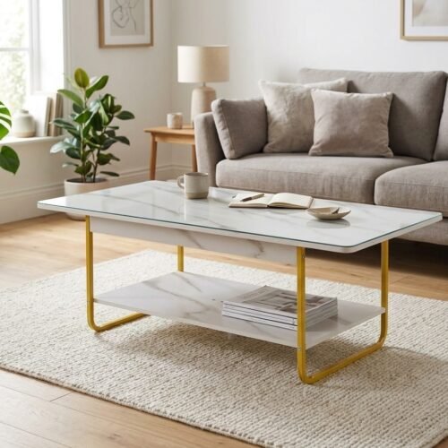 Rectangular 2-Tier Marble-Top Coffee Table with Metal Legs