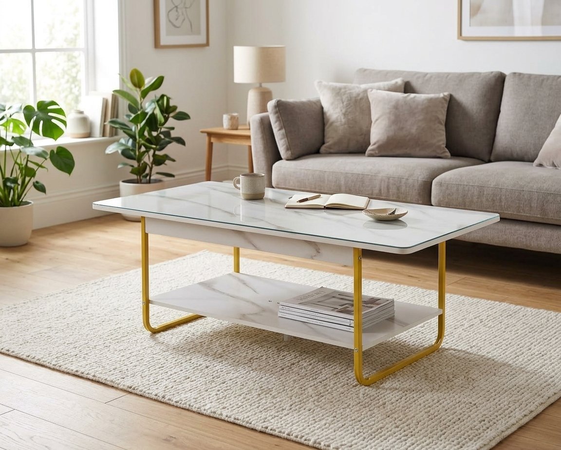 Rectangular 2-Tier Marble-Top Coffee Table with Metal Legs