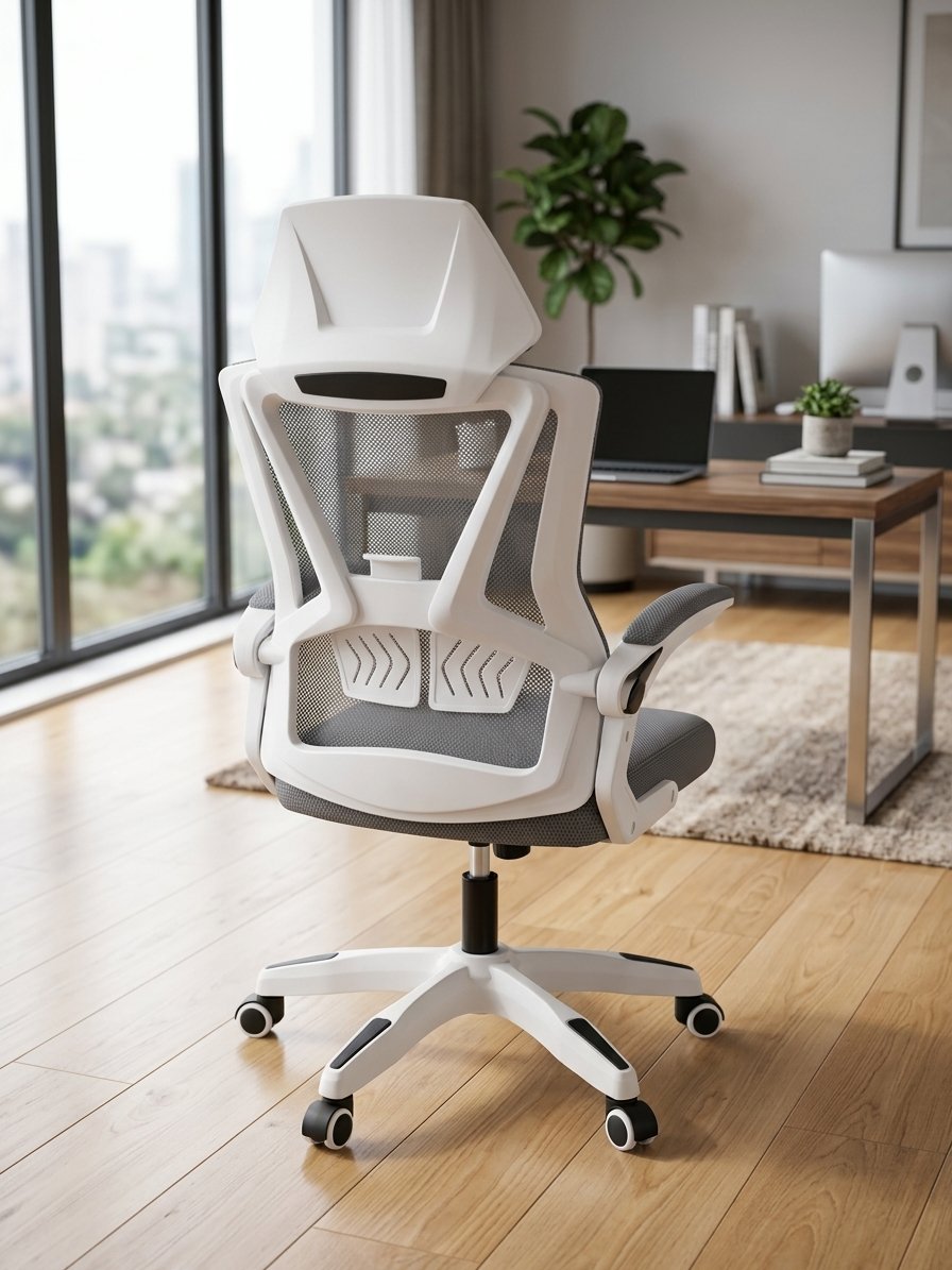 Modern Ergonomic Mesh Office Chair with Footrest & Adjustable Headrest (White/Grey) - Image 2