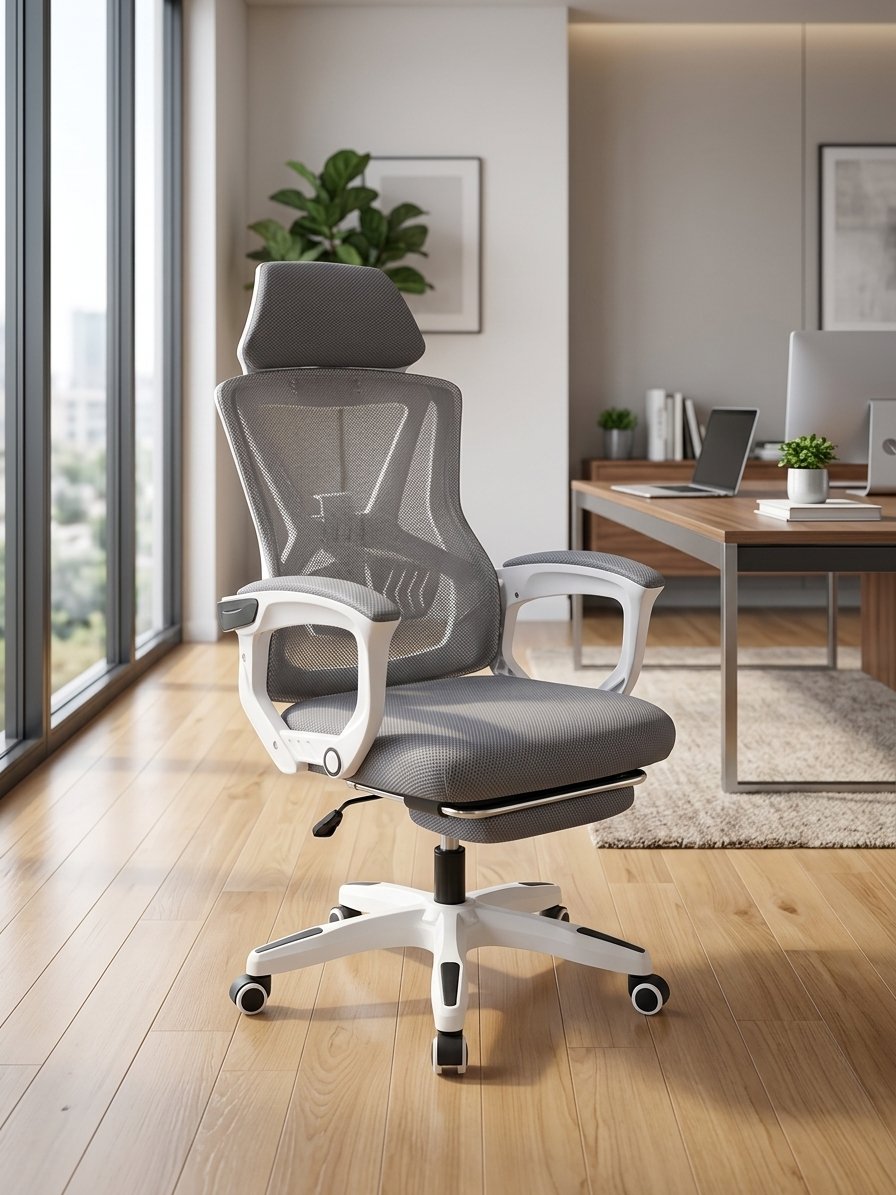 Modern Ergonomic Mesh Office Chair with Footrest & Adjustable Headrest (White/Grey) - Image 3