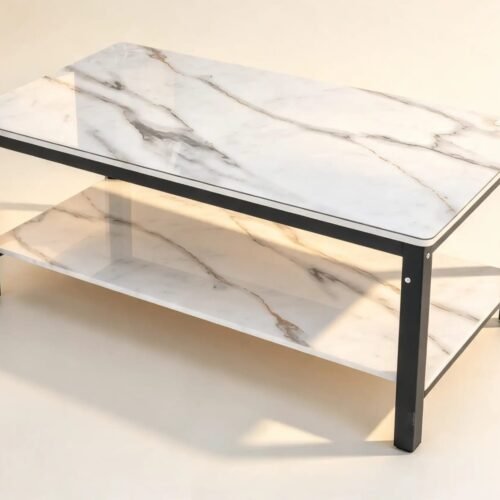 2-Tier Modern Marble-Finish Coffee Table with Black Metal