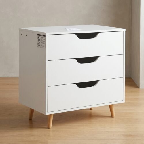 3-Drawer White Storage Cabinet with Wooden Legs