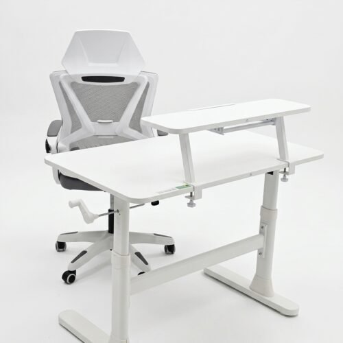 All-White Electric Height Adjustable Standing Desk with Ergonomic Mesh Chair