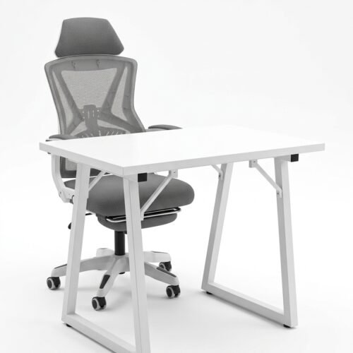 All-White Office Desk with Ergonomic Mesh Chair Set