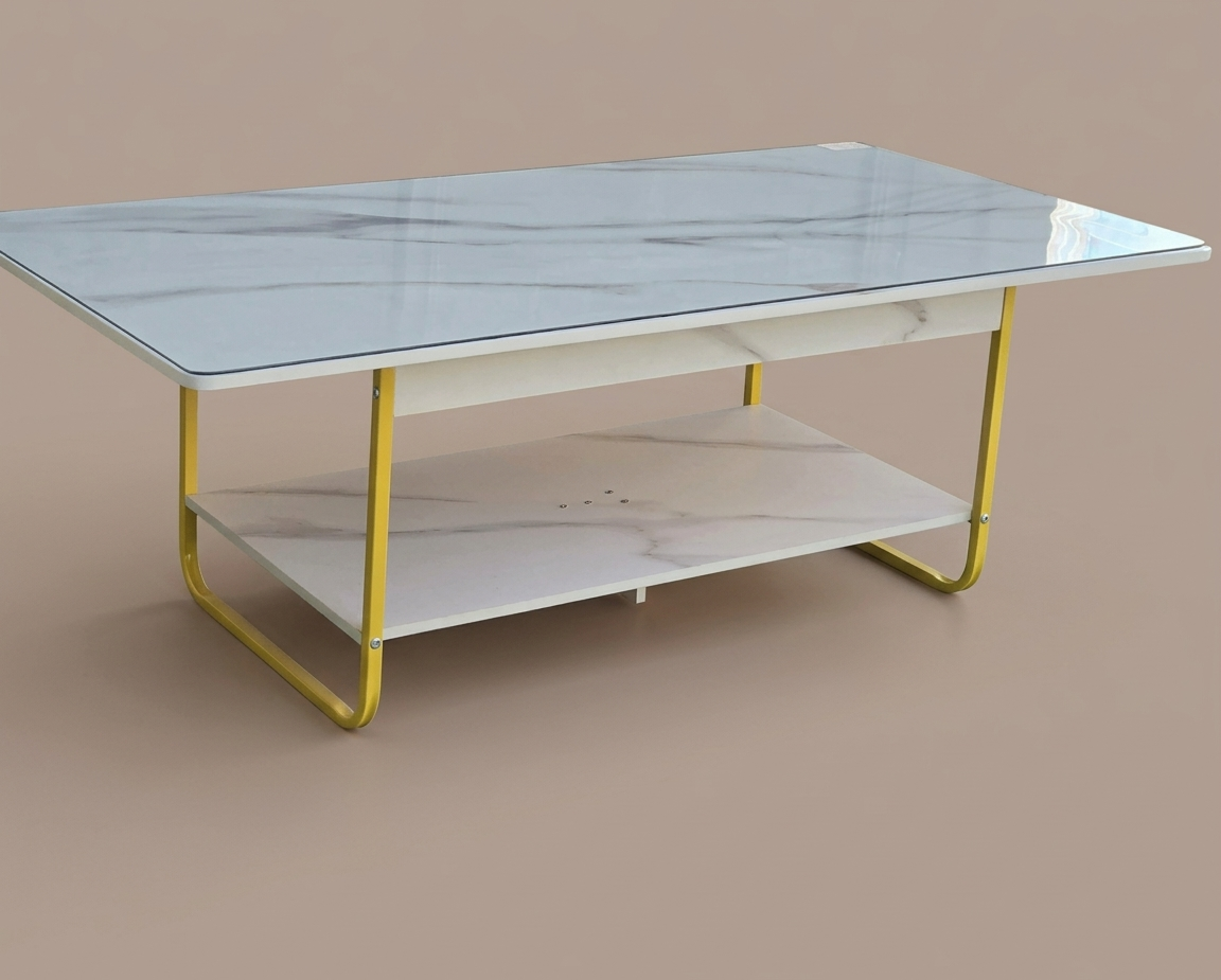 2-Tier Marble-Finish Coffee Table with Yellow Metal Frame