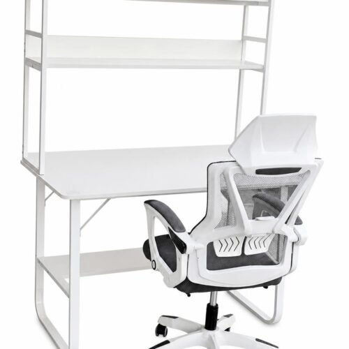 All-White Desk with 2-Tier Shelving & Ergonomic Mesh Chair Set